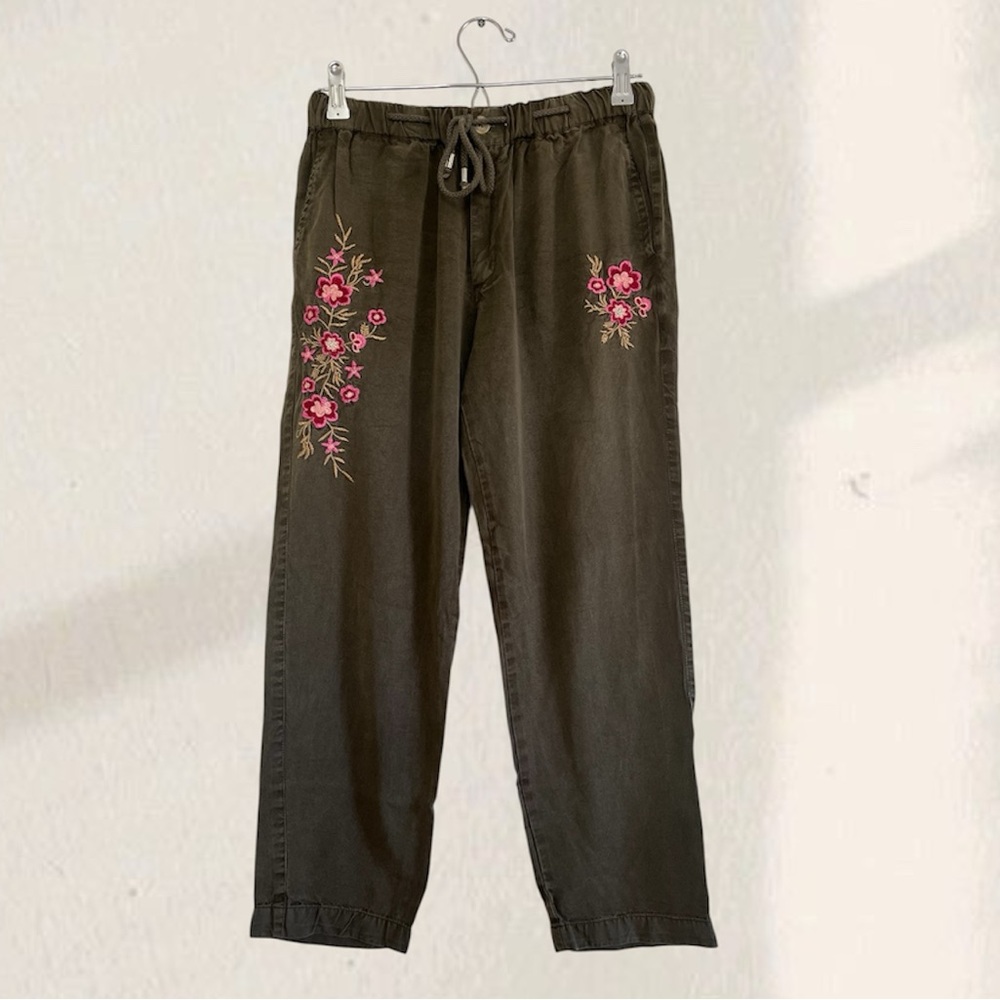 Natural Impressions Olive Green Floral Embroidered Lyocell Drawstring Pants M